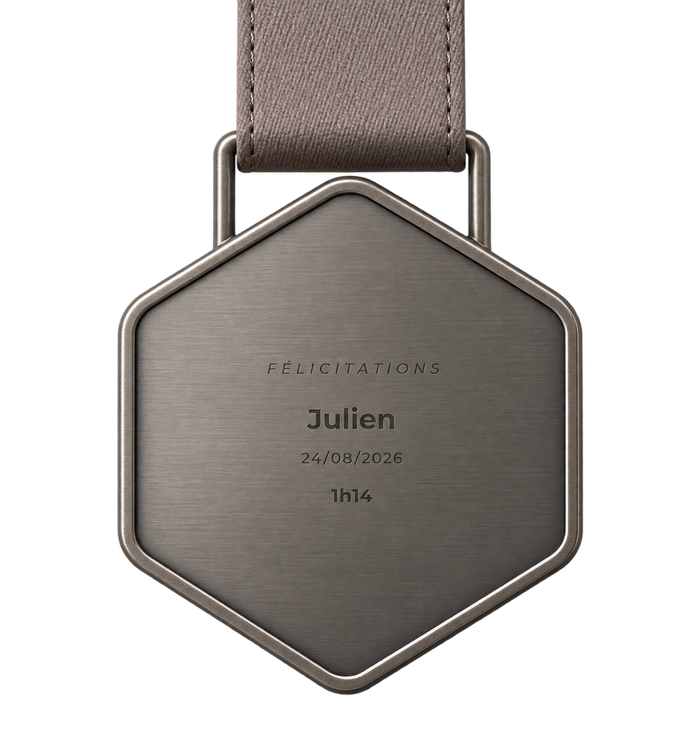 Verso de la médaille MyKollectOr : nom, date et temps gravés